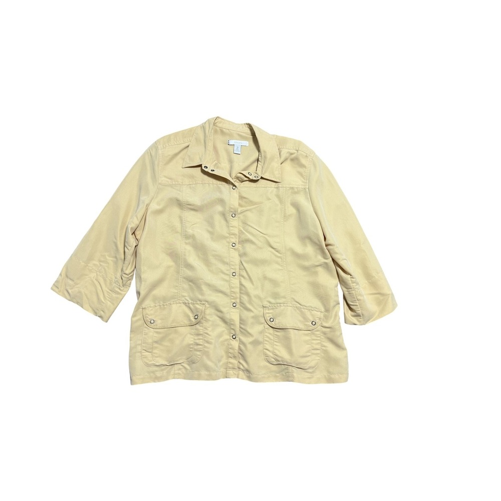 Chico's Jacket Womens 3 Beige Snap Front 3/4 Sleeve Elastic Waist Pockets Twill